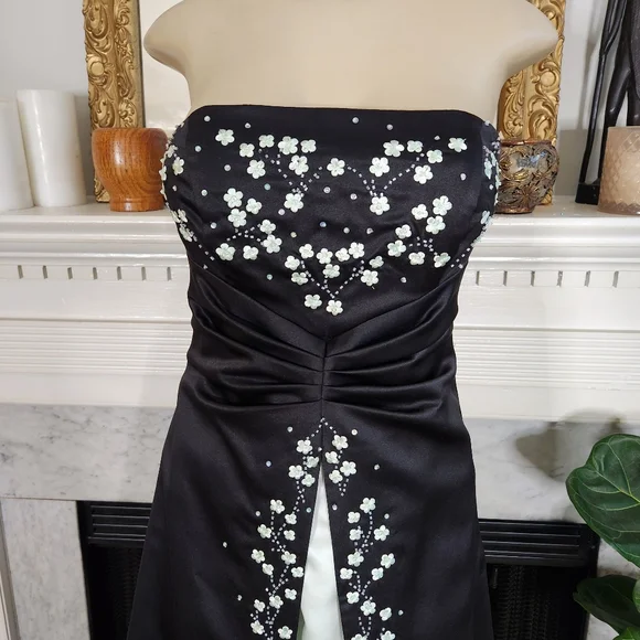 Vtg 80s Zum Zum Black Prom Dress Pistachio Sequin Beaded Floral Strapless Sz 3